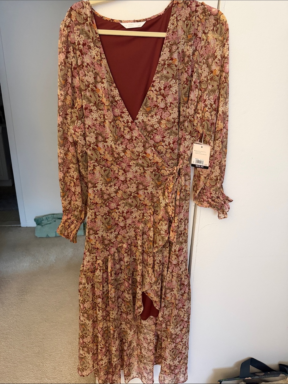 NWT LC Lauren Conrad Long Wrap Maxi Dress - Mauve Durum Fleurs Floral L